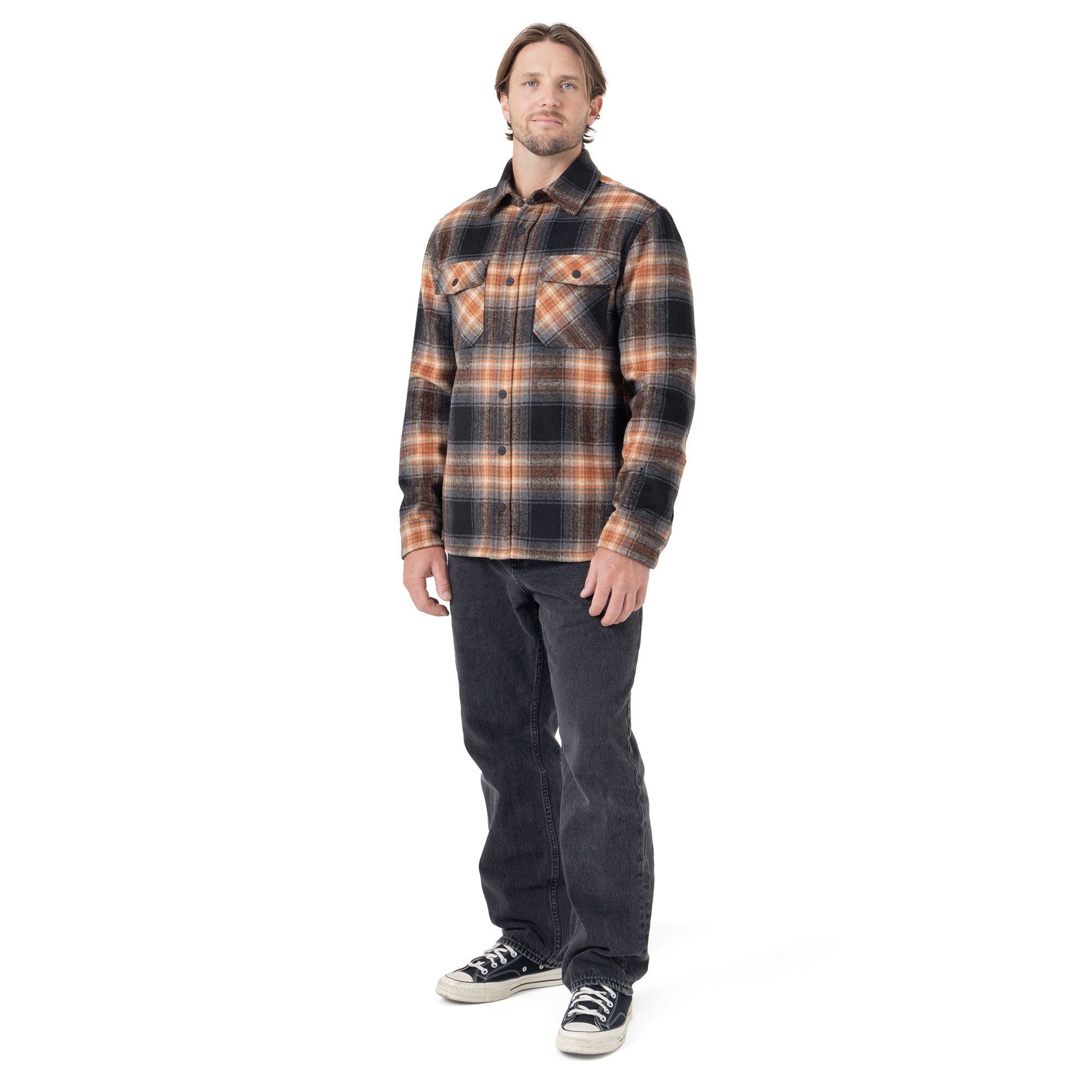 Front Snap Fleece Jacket - Orange Plaid